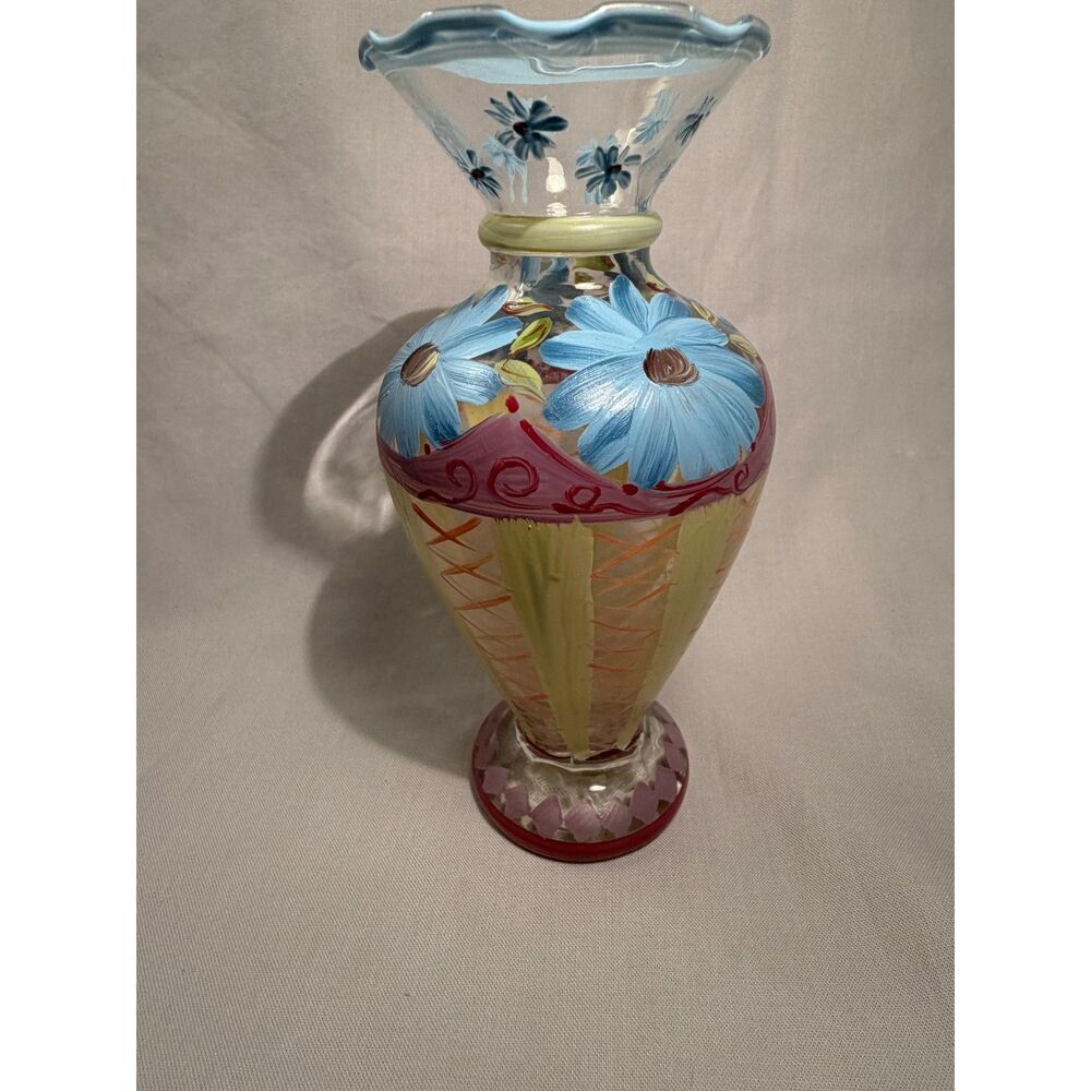 Vintage Tracy Porter Hand Painted Glass Vase - Blue Daisy Floral Ruffled Rim